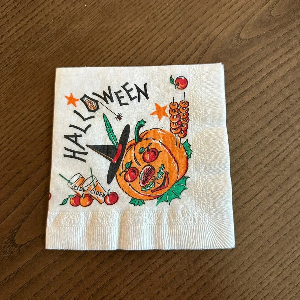 Vintage Halloween Paper Cake Napkin Mid Century Jack O Lantern Pumpkin Witch